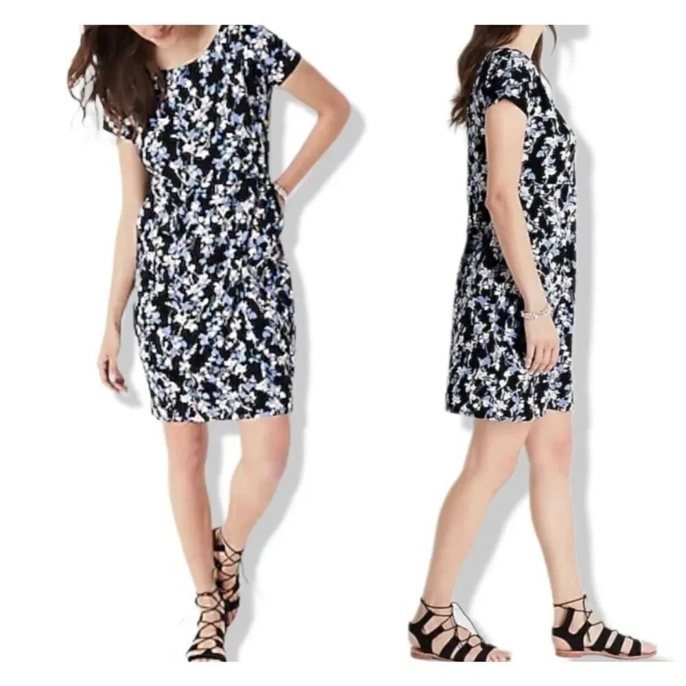 J Jill Wearever Black Floral Mini Stretch Short Sleeve Casual dress pockets Sz S